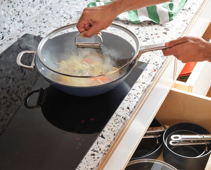 [half-width] Space Folding Handle Ceramic Non-stick 32cm Blue Wok & Lid