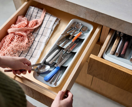 [hidden] [lifestyle] DrawerStore™ Compact Tiered Cutlery Organiser